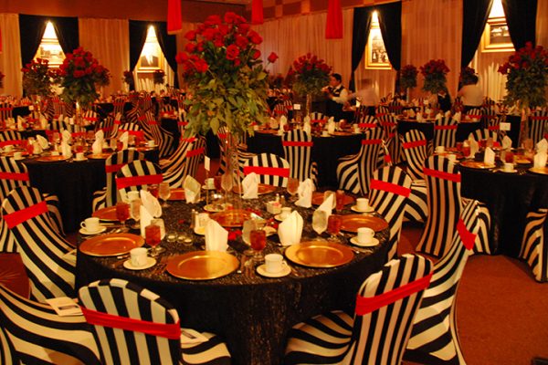 Charity Gala Dinner Setup black, white, and red