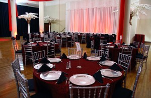 Red event with white palm trees