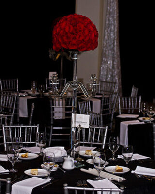 Rose Ball and Crystal Candelabra Holiday Centerpiece