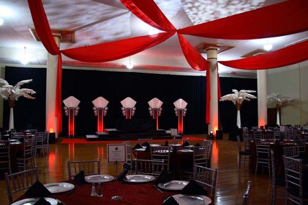 White Palm Trees, Fan Pillars, Red Ceiling Decor
